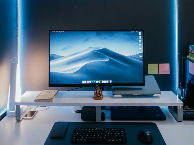 Minimalist work space with neon lighting